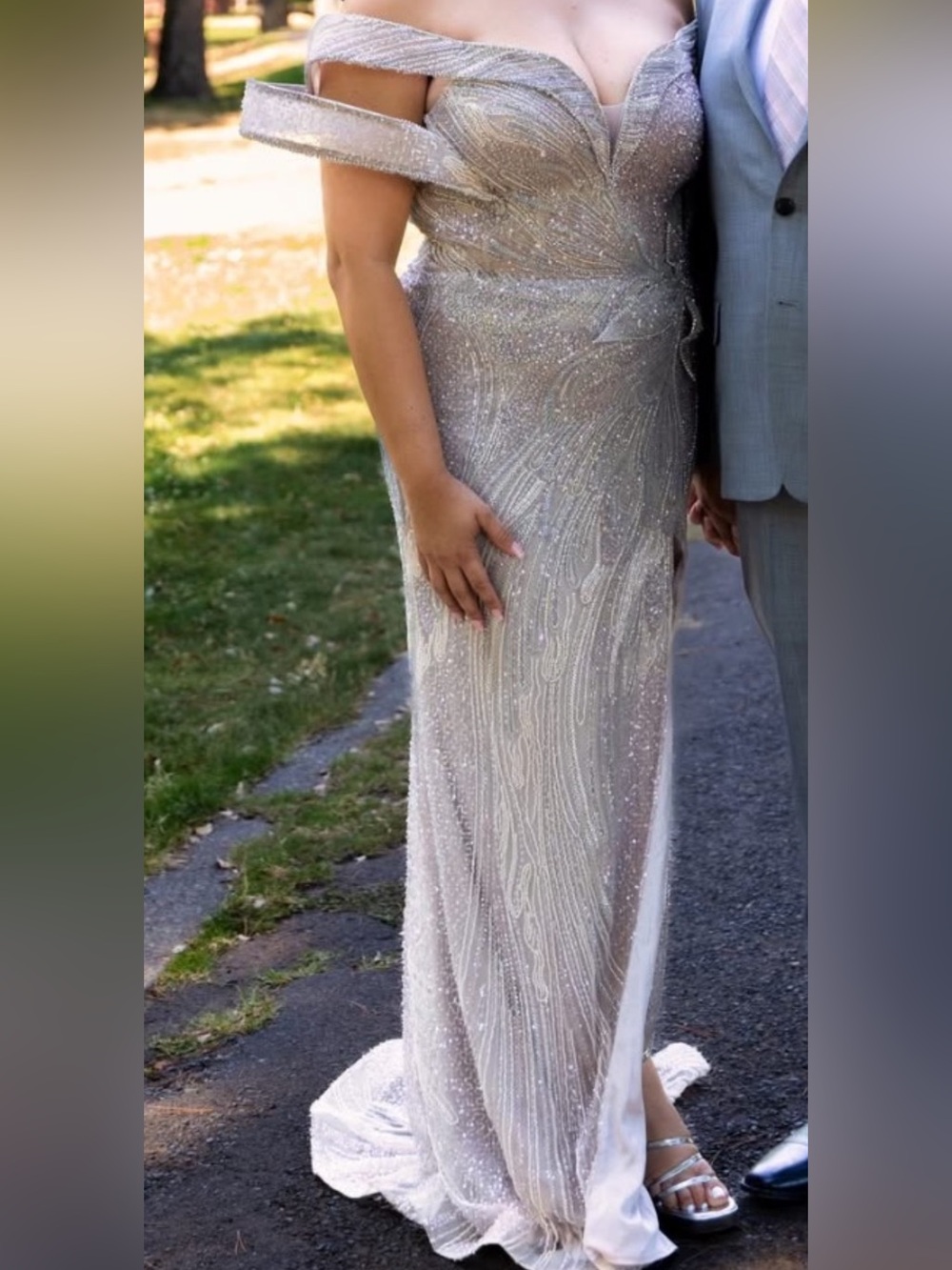 Silver Beaded Off-Shoulder Evening Gown